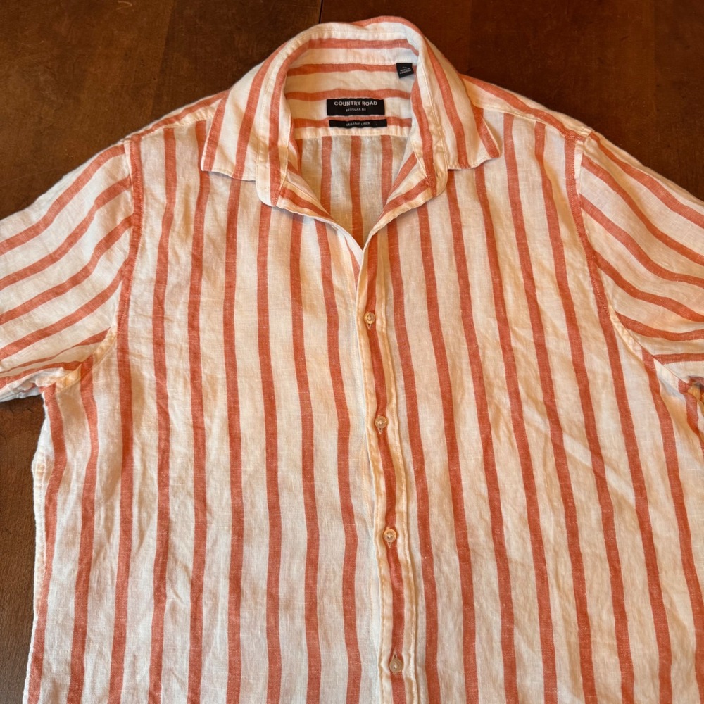 Country Road Shirt Men XL Orange White Striped Organic Linen Short Sleeve (READ)